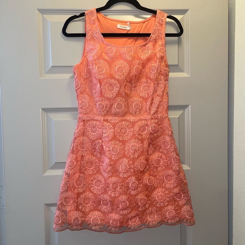Coral Open Back Mini Dress with Flower Appliqués size small